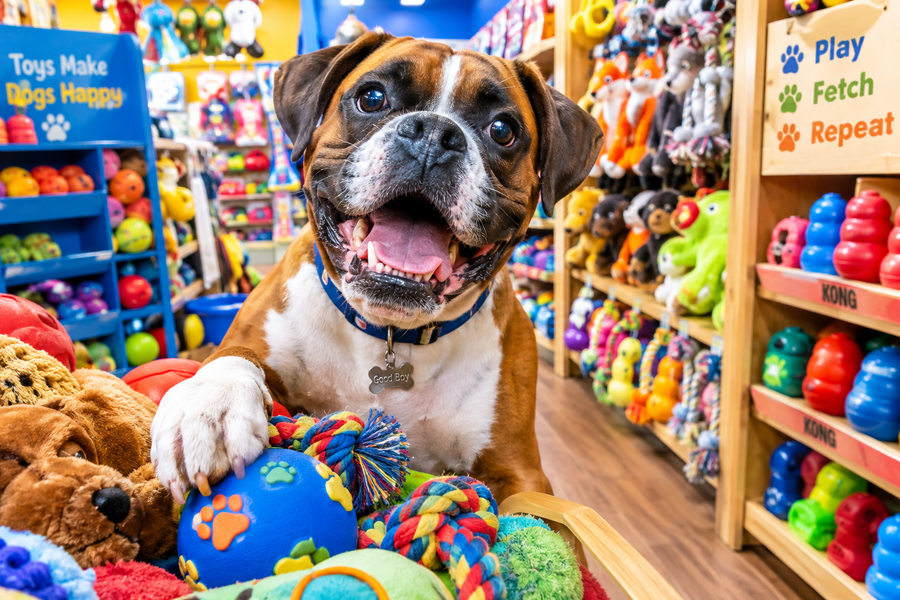 Boxer Dog Playing with Toys