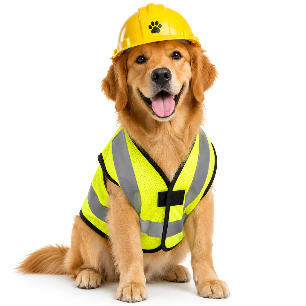 Dog in Hard Hat and Safety Vest