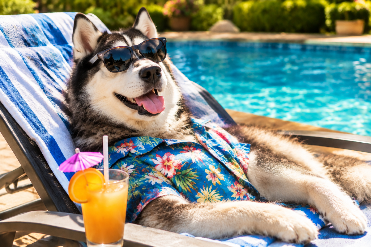 Husky Lounging by the Pool