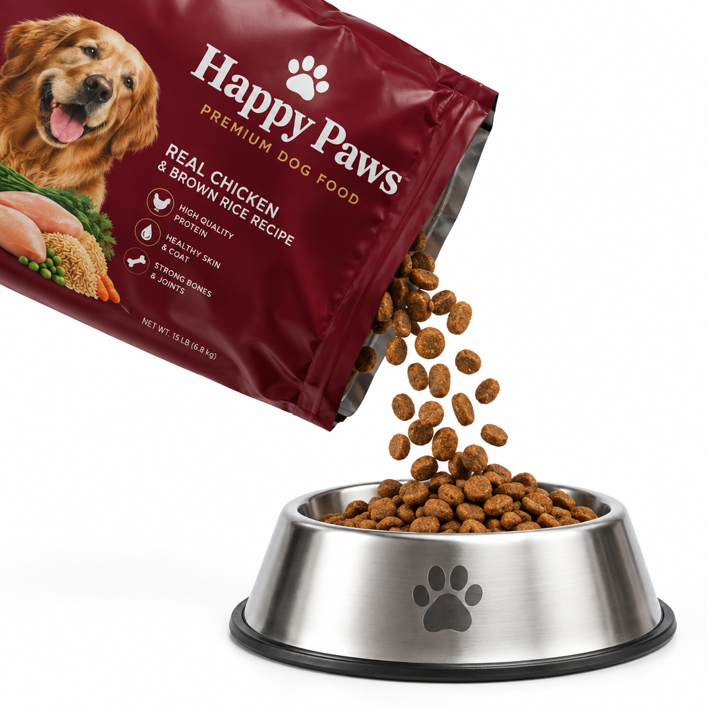 Maroon Dog Food Bag Poured into Dog Bowl