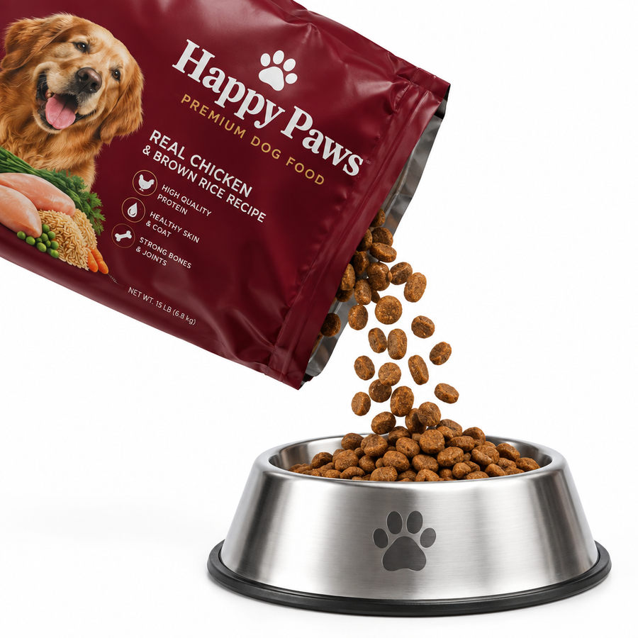 Maroon Dog Food Bag Poured into Dog Bowl