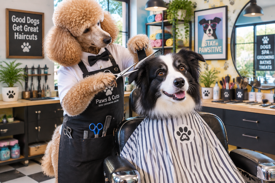 Poodle Barber Grooming a Border Collie